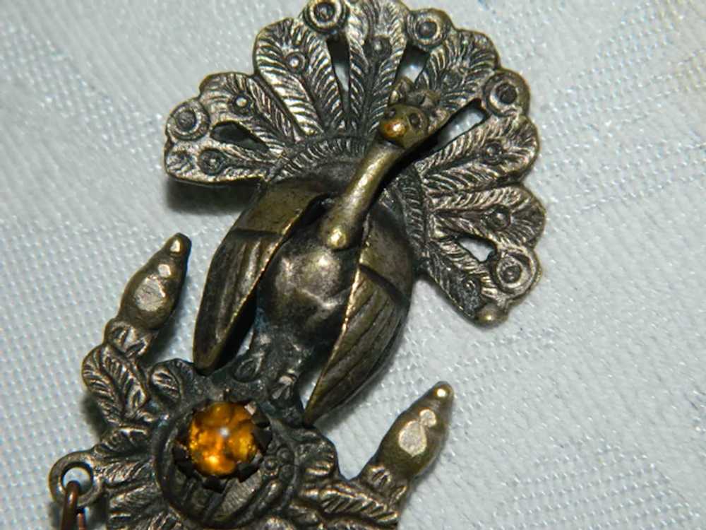 Antique Peruvian Peacock Tupo Shawl Pin Brooch w/Dangling Fish