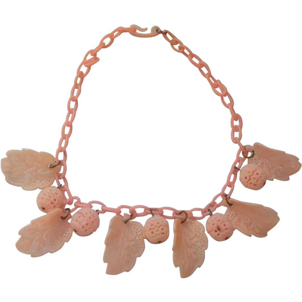 Oldie! Soft Pink Celluloid Leaf and Nut Necklace … - image 1