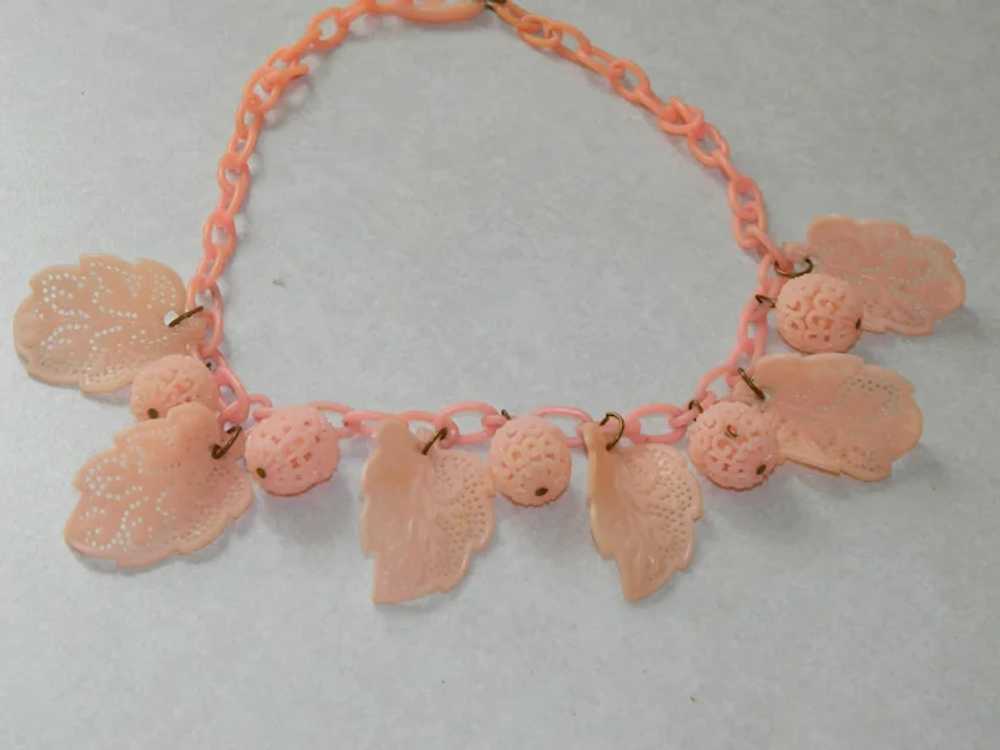 Oldie! Soft Pink Celluloid Leaf and Nut Necklace … - image 2