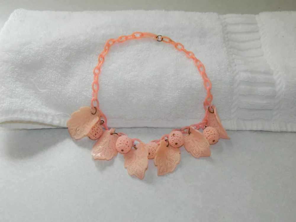 Oldie! Soft Pink Celluloid Leaf and Nut Necklace … - image 3