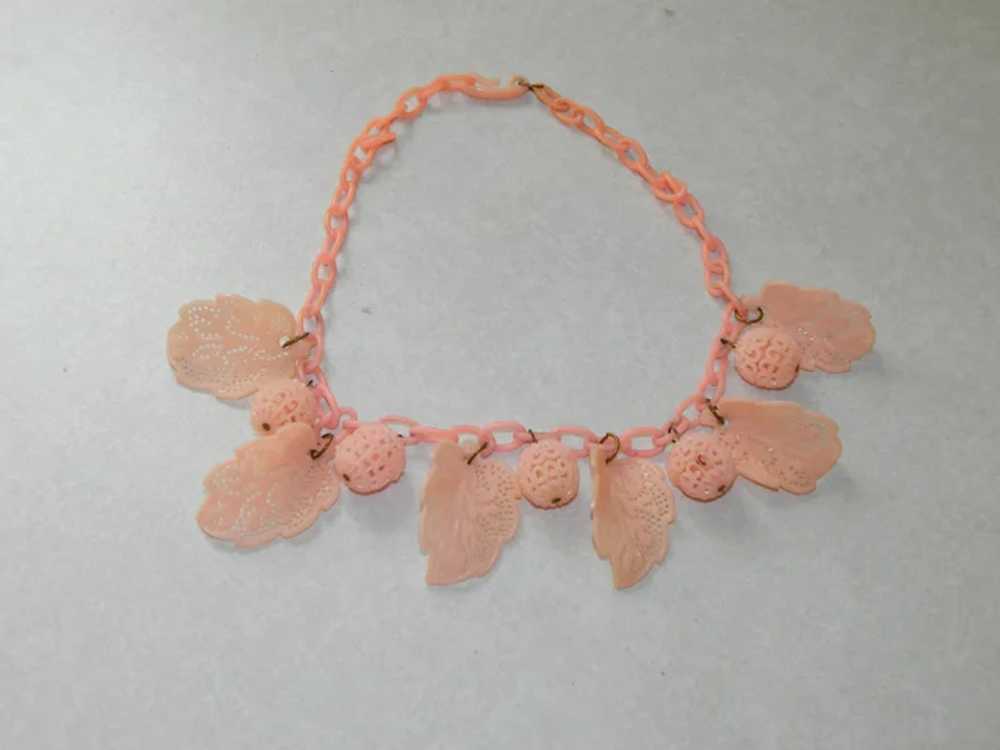 Oldie! Soft Pink Celluloid Leaf and Nut Necklace … - image 4