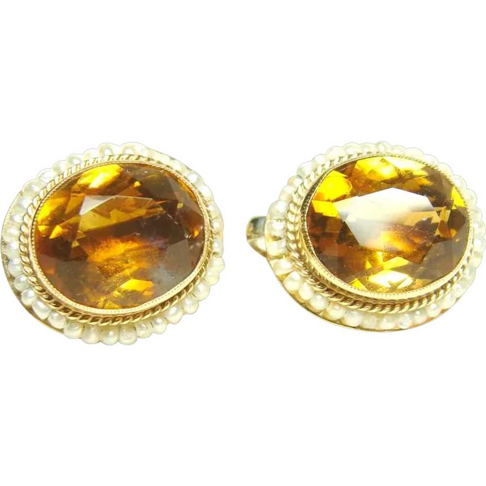 Vintage 14kt Gold Citrine Pearl Earrings - image 1