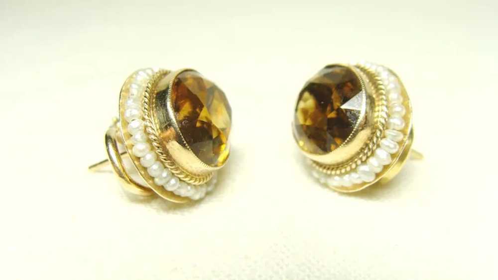 Vintage 14kt Gold Citrine Pearl Earrings - image 2