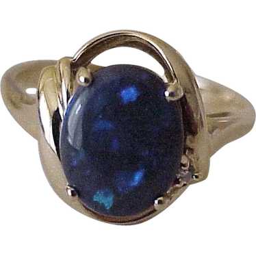 Natural Black Opal Ring 18K Gold Diamond Accent c… - image 1