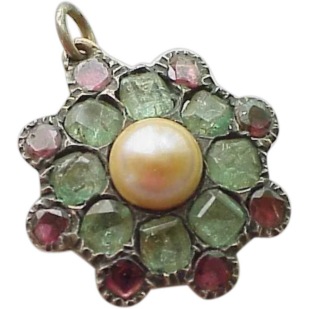 Georgian Pendant Natural Pearl, Emerald & Ruby in… - image 1