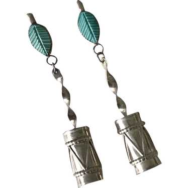 Native American Long Dangle Earrings Turquoise Fe… - image 1