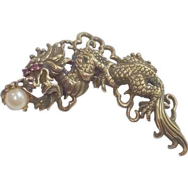 Chinese Dragon Brooch Sterling Silver, Ruby and C… - image 1