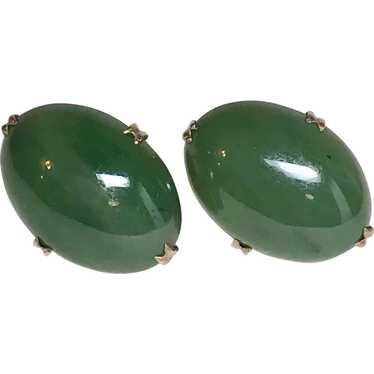 Jade Oval Stud Earrings 14K Gold circa 1950's - image 1