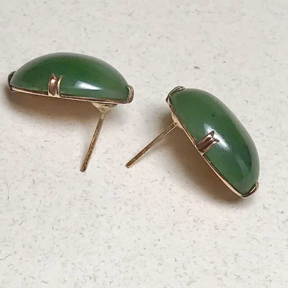 Jade Oval Stud Earrings 14K Gold circa 1950's - image 2