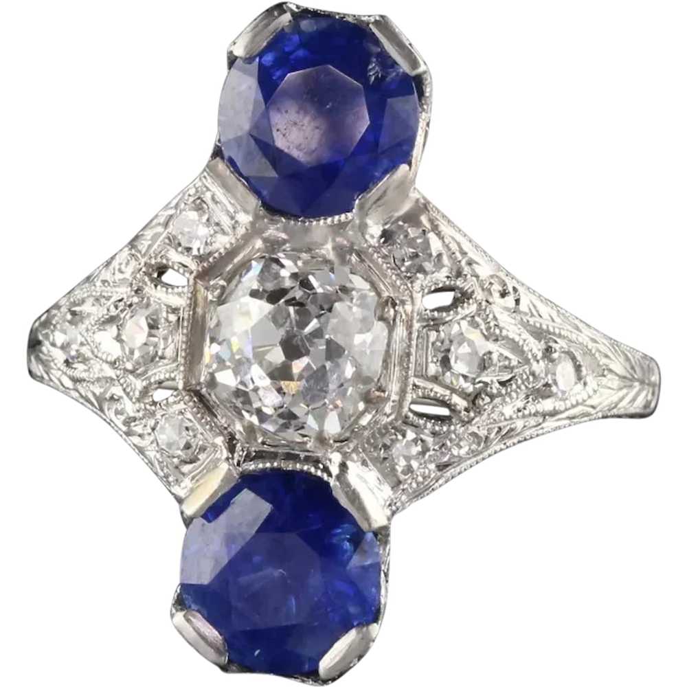 Antique Edwardian Platinum Diamond & Sapphire Shi… - image 1