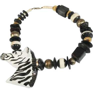 Vintage Ceramic Zebra Statement Necklace Zebra Nec