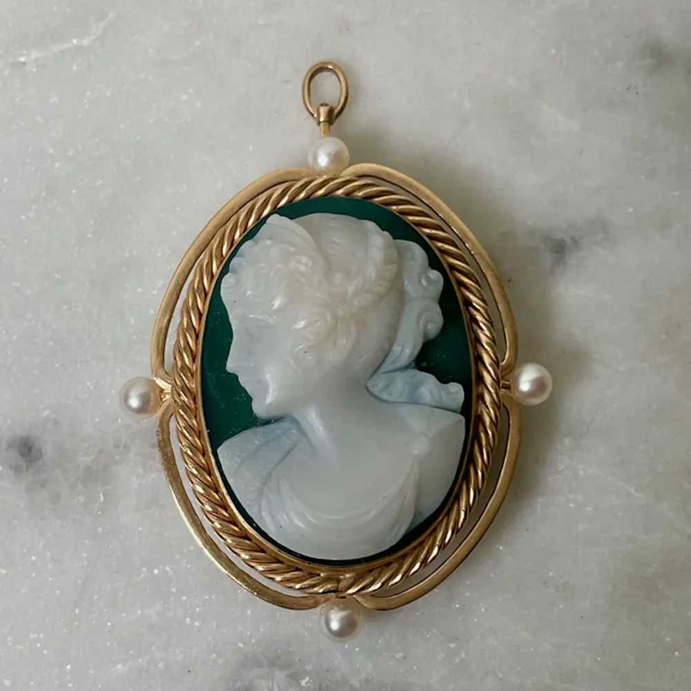 Vintage 14K Yellow Gold Green Chalcedony Carved C… - image 2