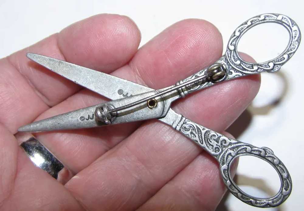 Vintage JJ Jonette Pewter Scissors Brooch - image 2
