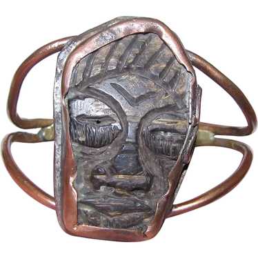 Amazing Brutalist Copper & Carved African Face Ha… - image 1