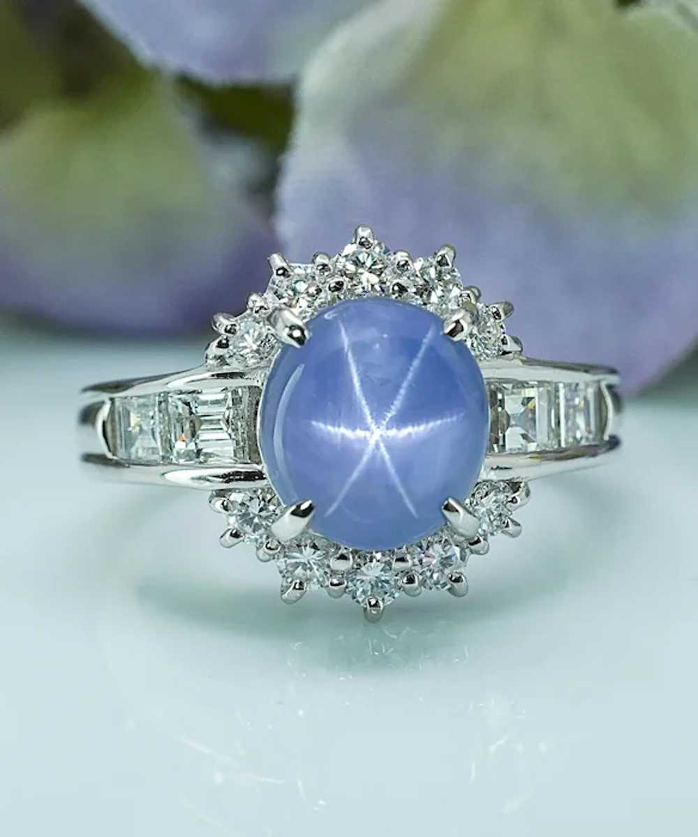 Vintage Platinum Star Sapphire Emerald cut Diamon… - image 2