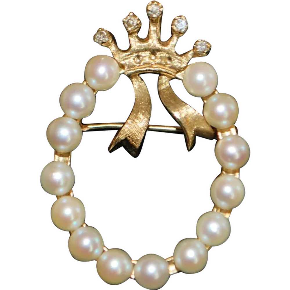 14K Cultured Pearl and Diamond Florentine Crown C… - image 1