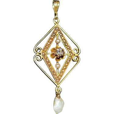 14K Diamond and Pearl Lavalier Pendant - 1900 - image 1