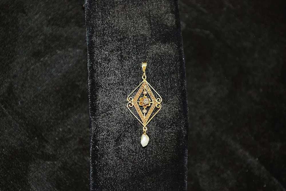 14K Diamond and Pearl Lavalier Pendant - 1900 - image 2