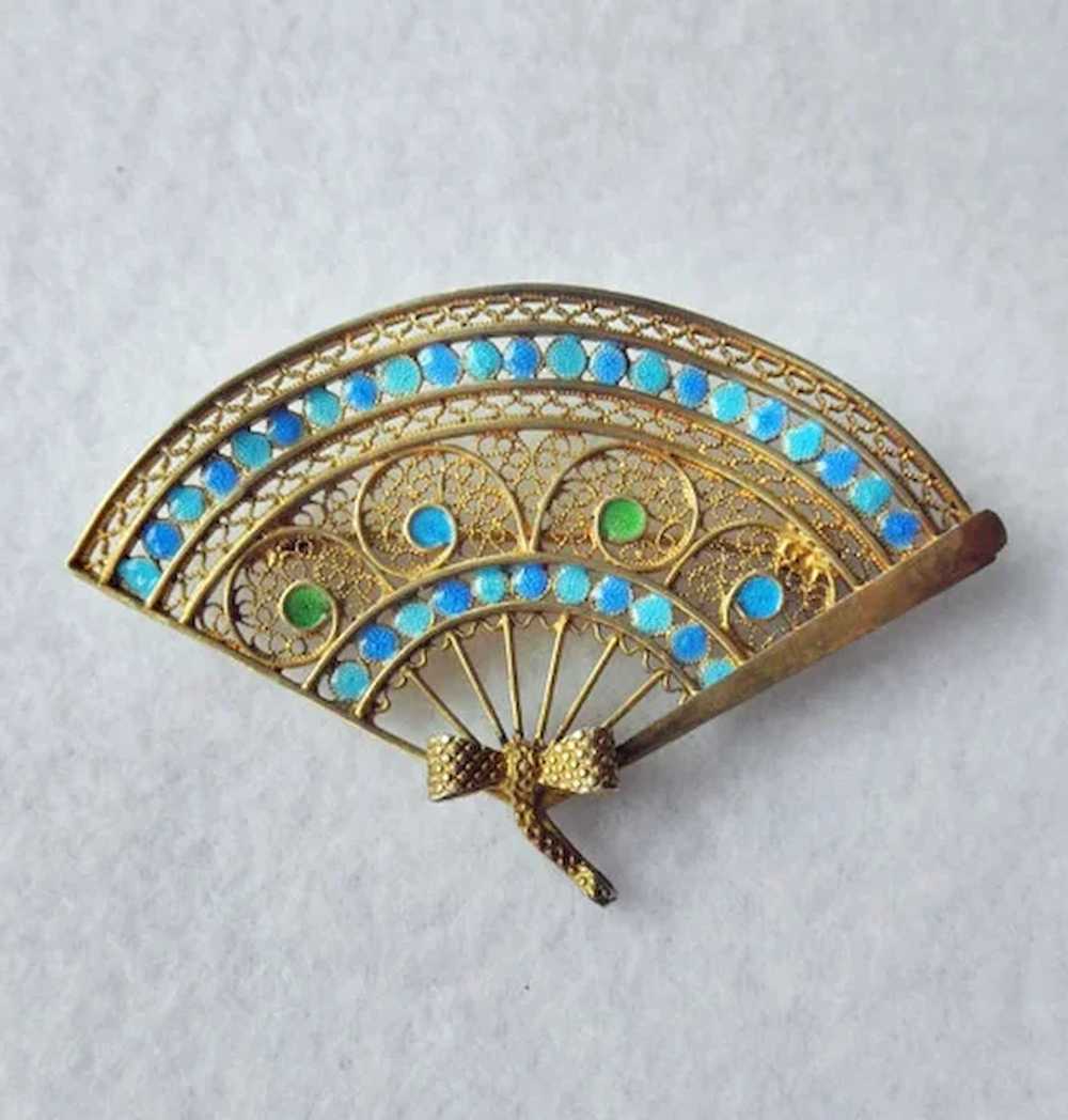 Gilt 800 Silver Chinese Enamel Fan Pin/Brooch - image 1