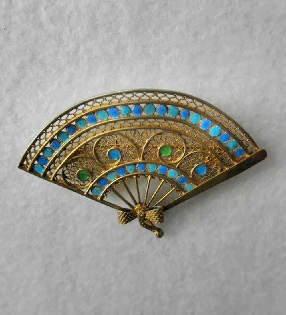 Gilt 800 Silver Chinese Enamel Fan Pin/Brooch - image 2