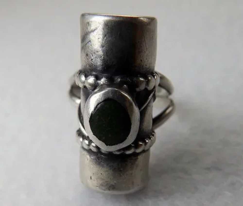 Handmade Sterling Modernist Ring With Green Stone - image 2