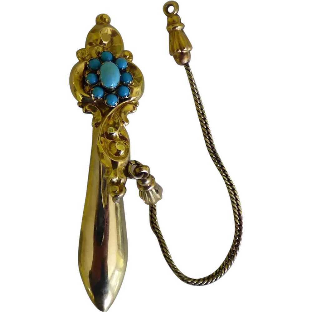 Victorian Chatelaine Clip 10K With Persian Turquo… - image 1
