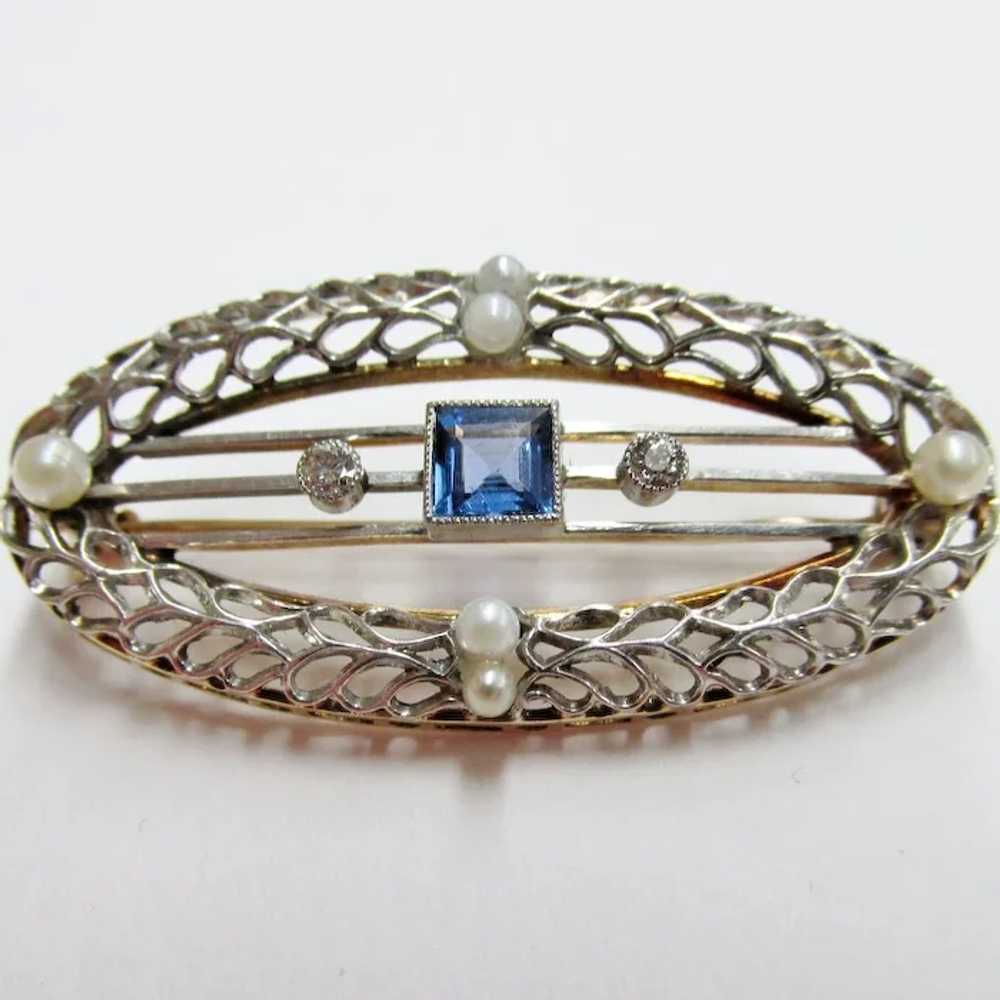 Vintage Sapphire, Diamond & Cultured Pearl Filagr… - image 1