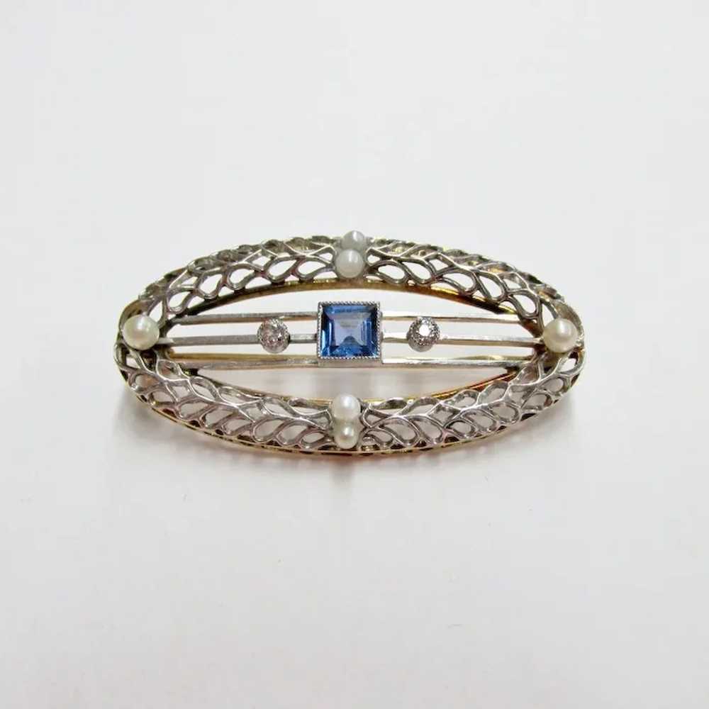 Vintage Sapphire, Diamond & Cultured Pearl Filagr… - image 2