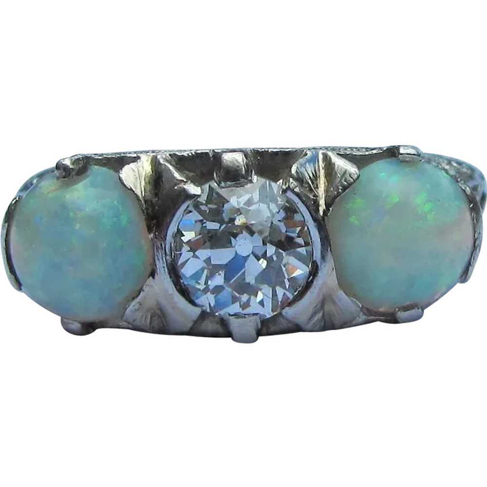 Antique Platinum Filigree Diamond Opal Ring Circa… - image 1