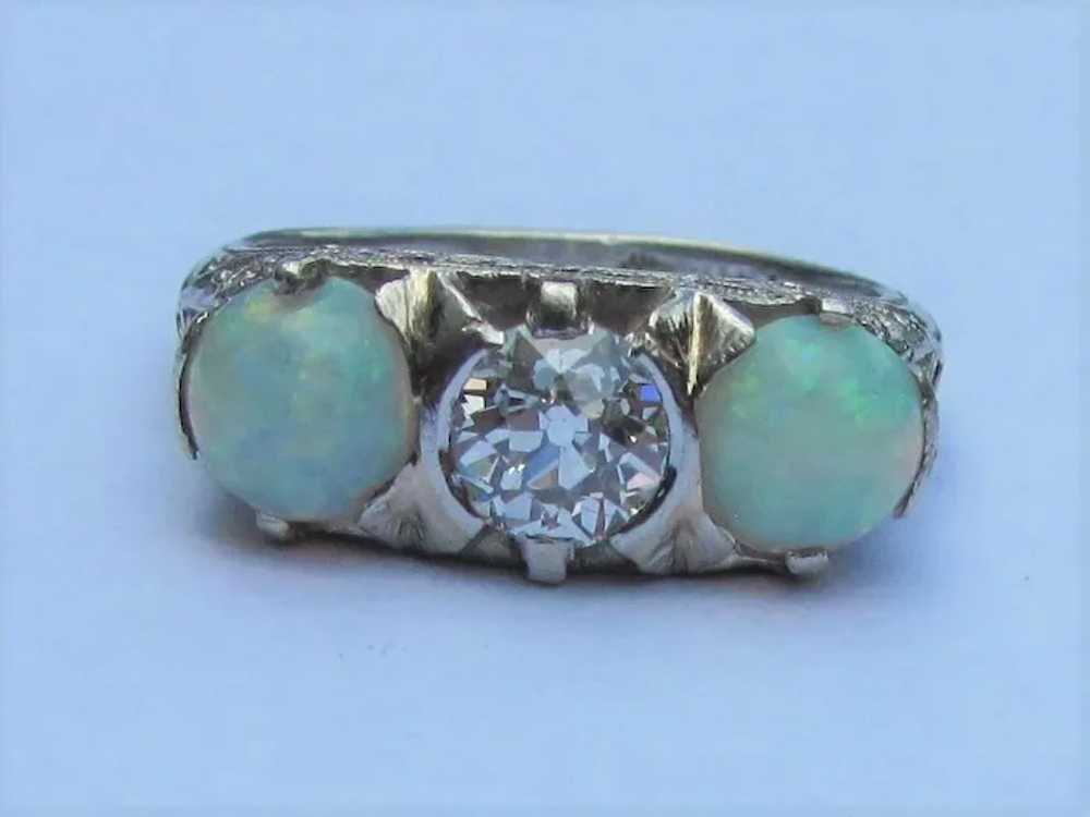 Antique Platinum Filigree Diamond Opal Ring Circa… - image 2