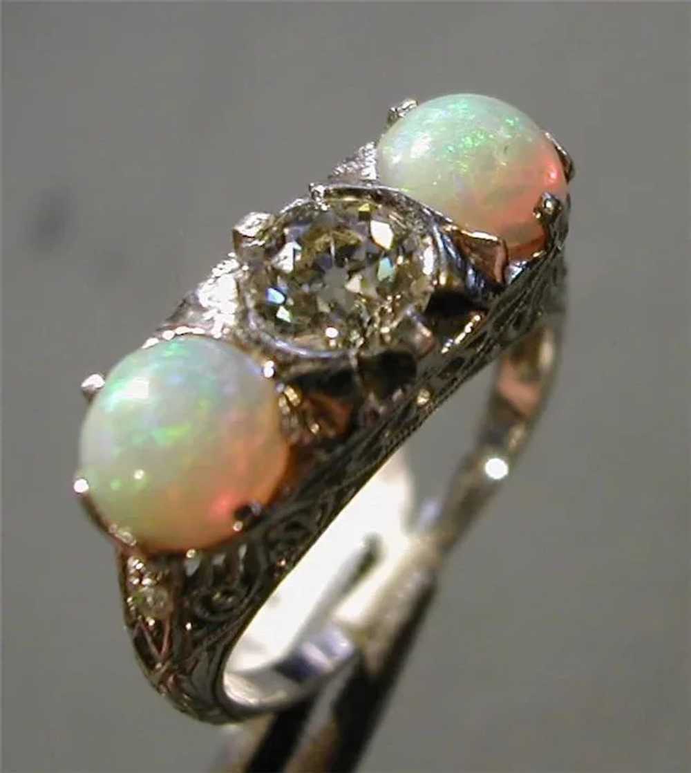 Antique Platinum Filigree Diamond Opal Ring Circa… - image 4