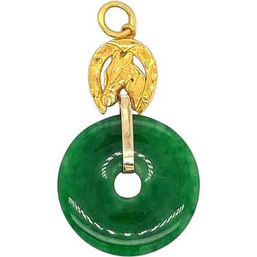 Circlular Disc Jade Pendant 24k Gold Horse Top Se… - image 1