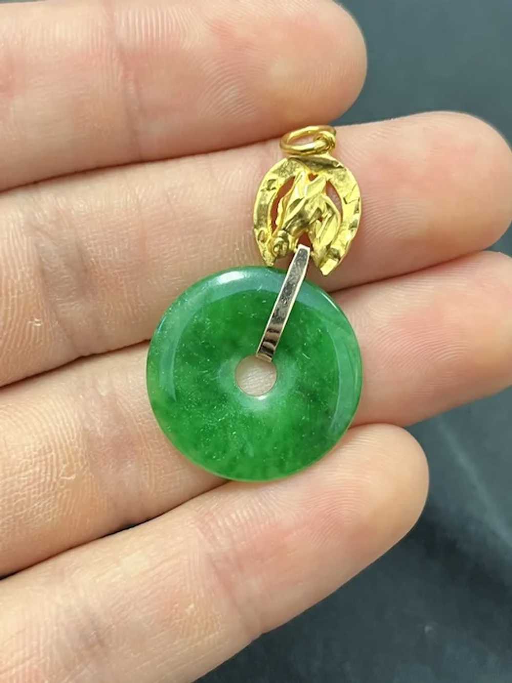 Circlular Disc Jade Pendant 24k Gold Horse Top Se… - image 6