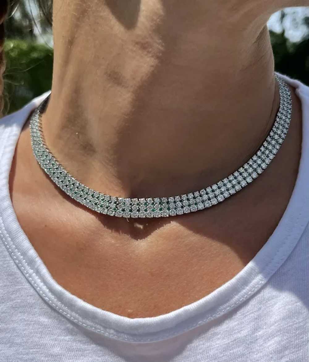 Round Diamond and Emerald Cluster 3-row Choker Ne… - image 3