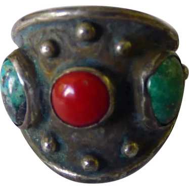 Sterling Coral & Turquoise Ring Southwestern Style