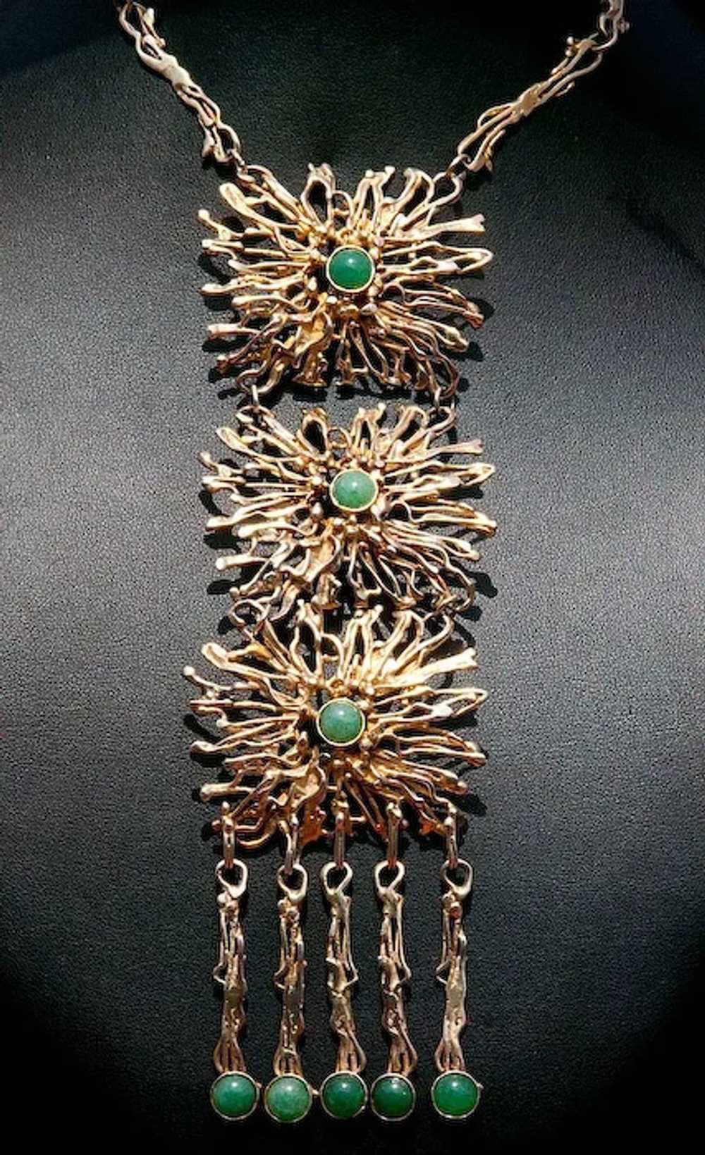 Large  Gold Washed Sterling Jade Necklace Vintage… - image 2