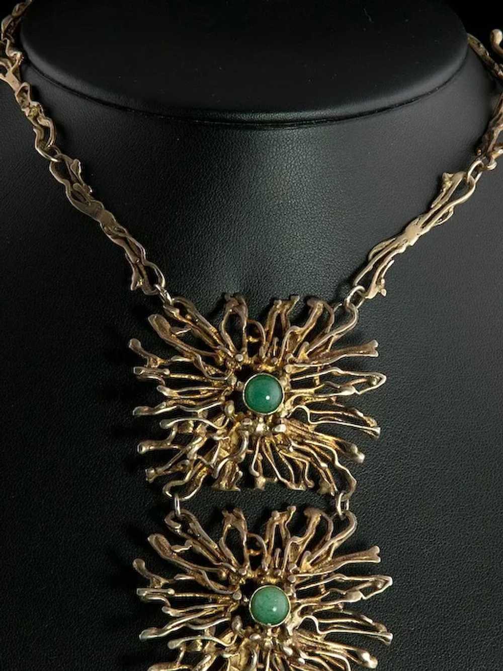 Large  Gold Washed Sterling Jade Necklace Vintage… - image 4