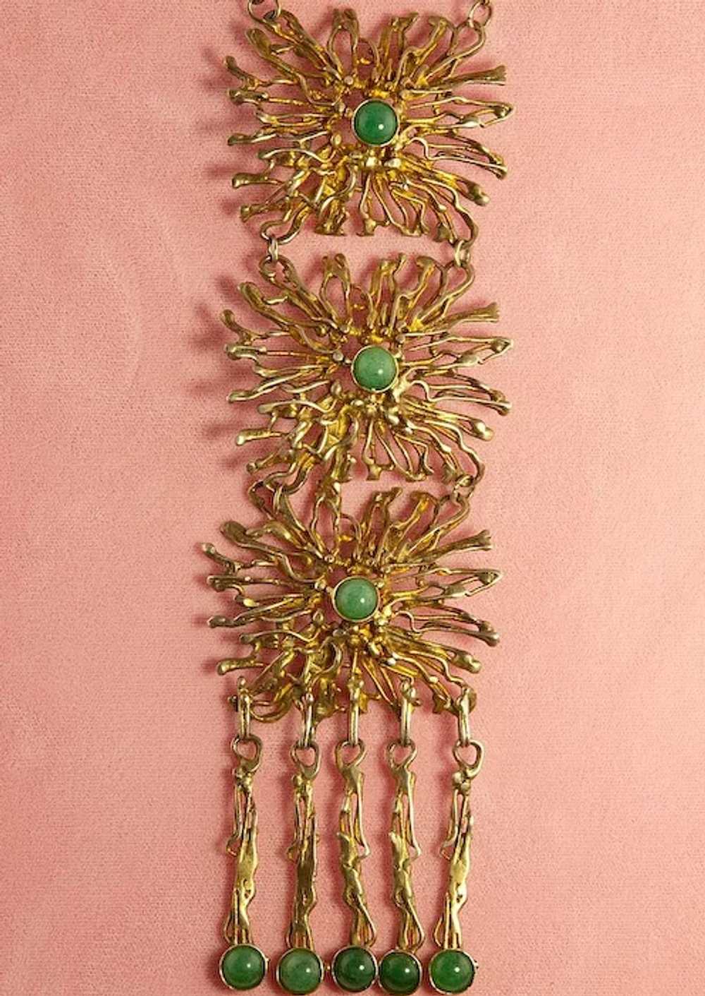 Large  Gold Washed Sterling Jade Necklace Vintage… - image 8