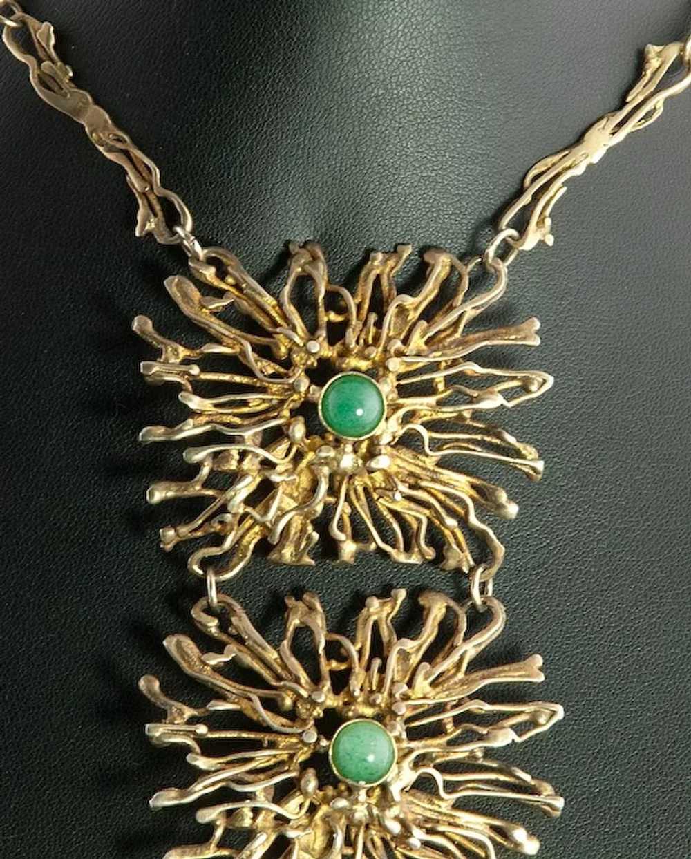 Large  Gold Washed Sterling Jade Necklace Vintage… - image 9