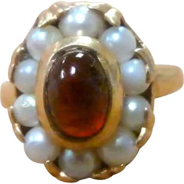 14K Victorian Cabochon Garnet and Cultured Pearl … - image 1