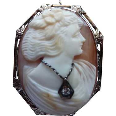 14K White Gold Filigree Cameo with Diamond Neckla… - image 1