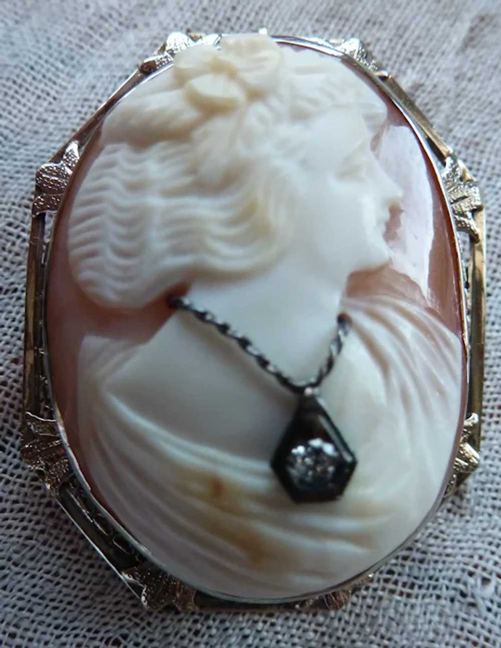 14K White Gold Filigree Cameo with Diamond Neckla… - image 9