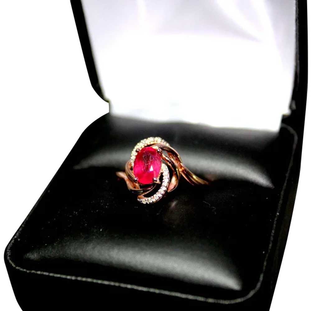 Ladies 10 K Rose Gold Diamond & Glass Filled Ruby… - image 1