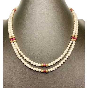 Two Strand 14k Gold, Ruby, and Cultured Pearl Nec… - image 1