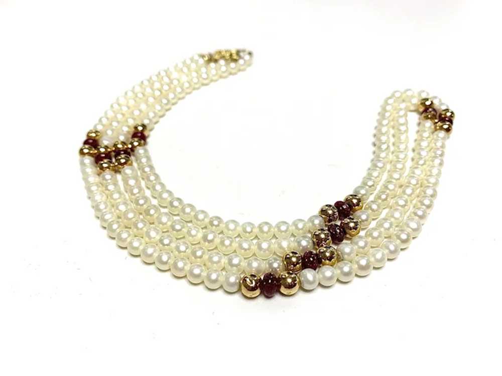 Two Strand 14k Gold, Ruby, and Cultured Pearl Nec… - image 2