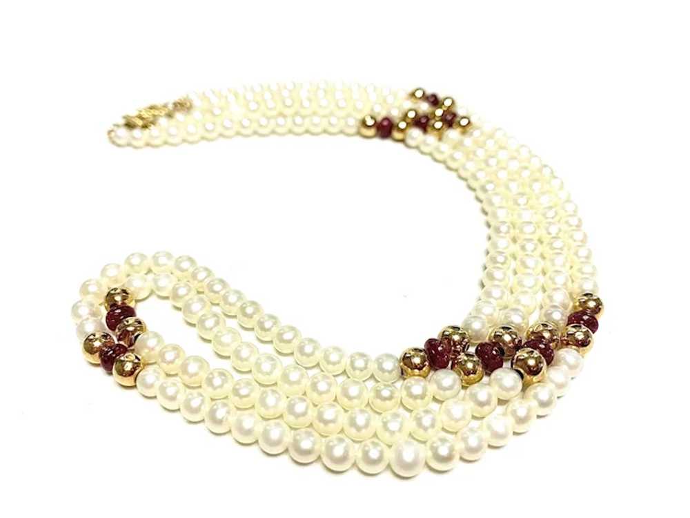 Two Strand 14k Gold, Ruby, and Cultured Pearl Nec… - image 3