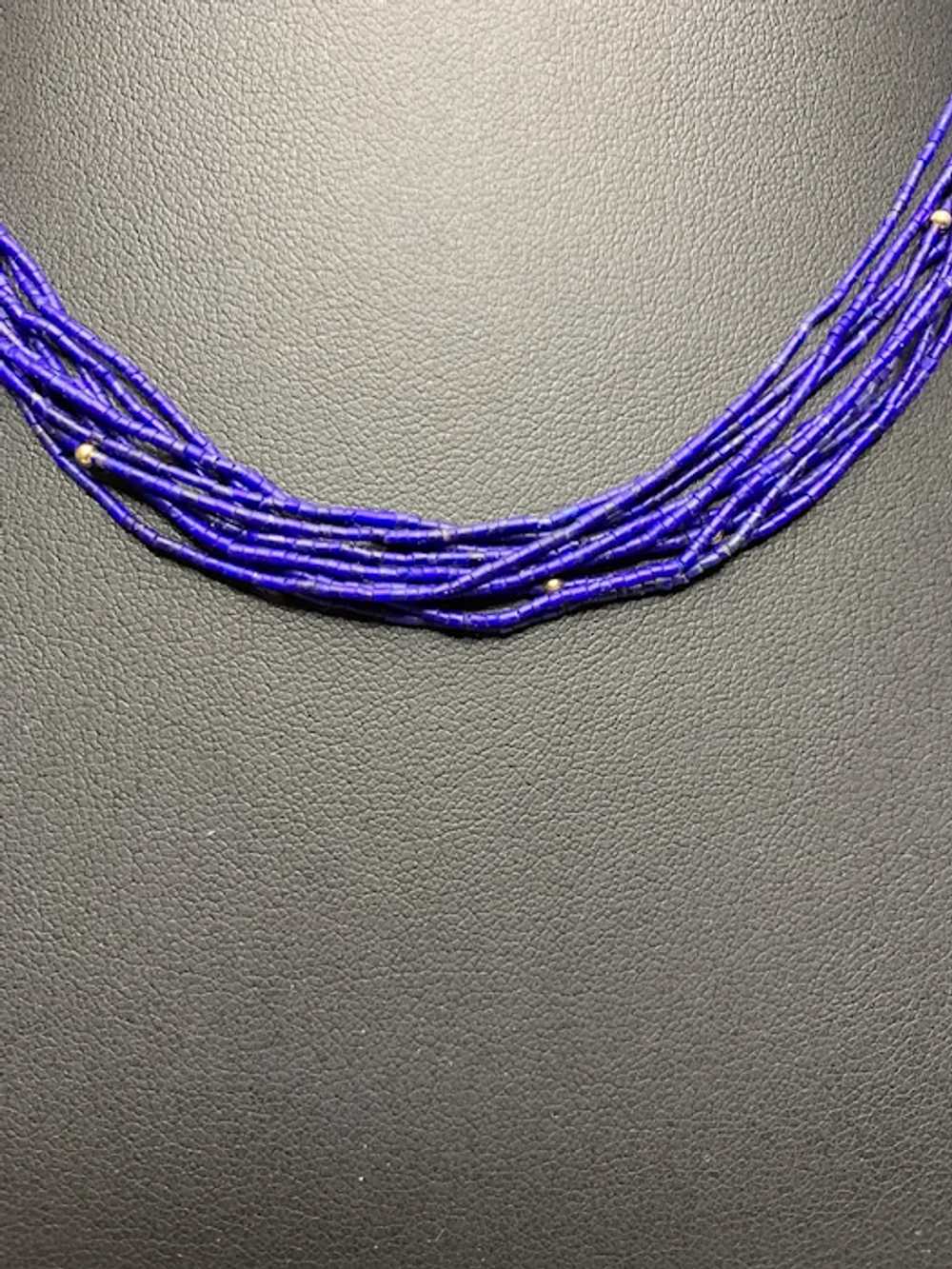 Ten Strands of Lapis and 14k Gold Necklace - image 4