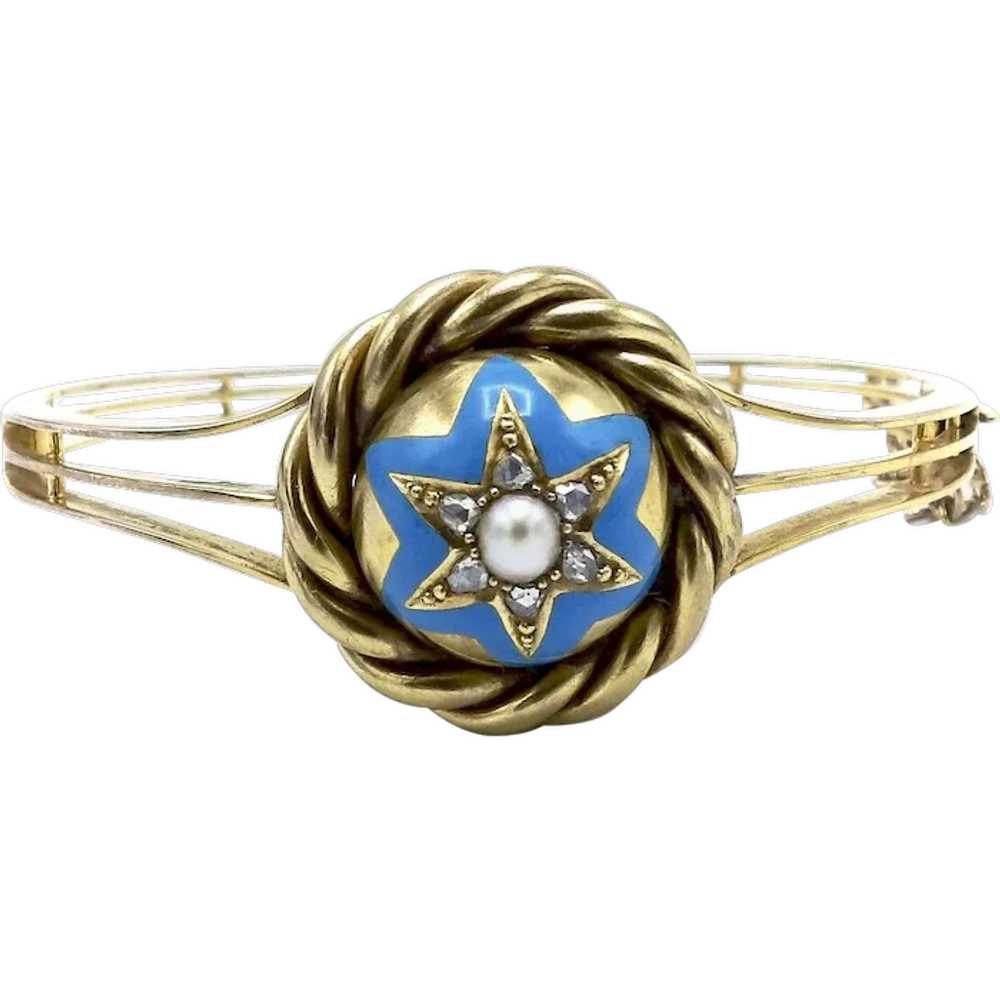 Victorian 14K Gold Enamel, Pearl and Diamond Star… - image 1