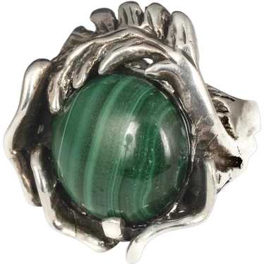 Mexican modernist 950 silver malachite Ring - image 1