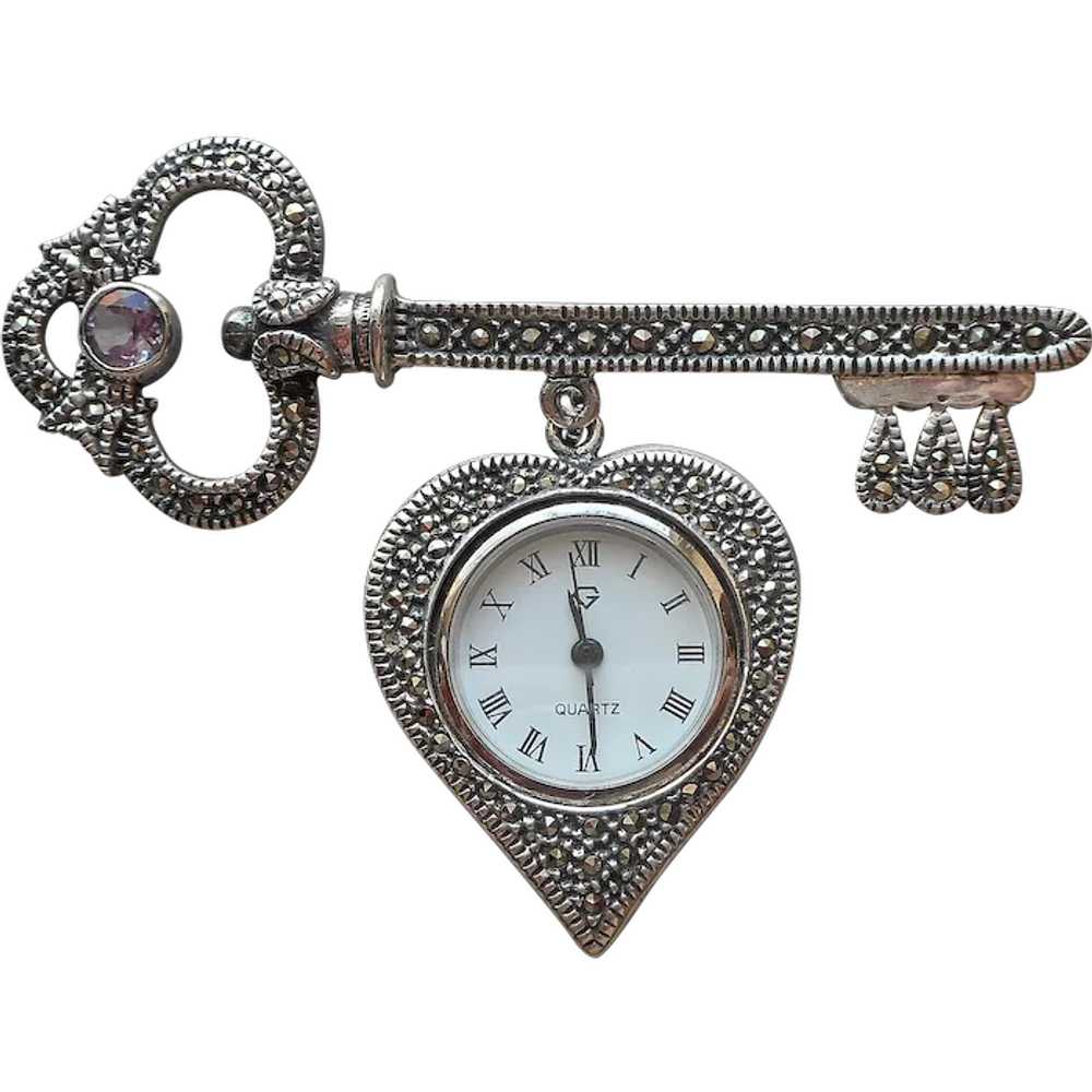 Sterling Silver Marcasite Hanging Watch Pin Heart… - image 1